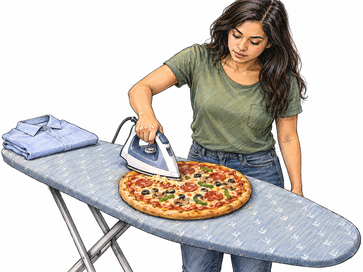 A woman earnestly irons a fully topped pizza on an ironing board as though it were a wrinkled shirt.