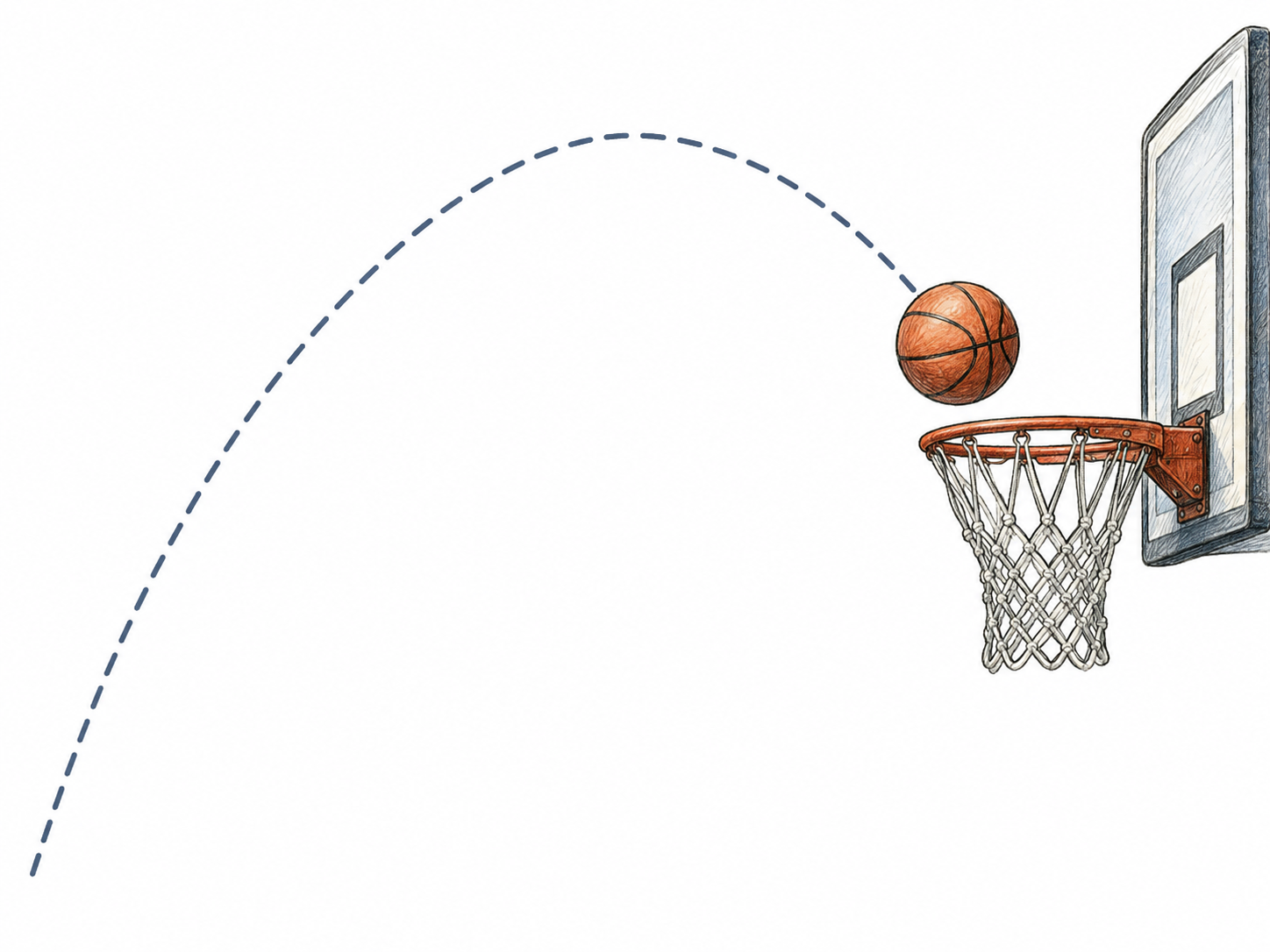 A basketball traveling toward a hoop, with a restrained dashed parabolic trace showing its flight path from the lower left, over the apex, and down to the clearly drawn ball near the basket.
