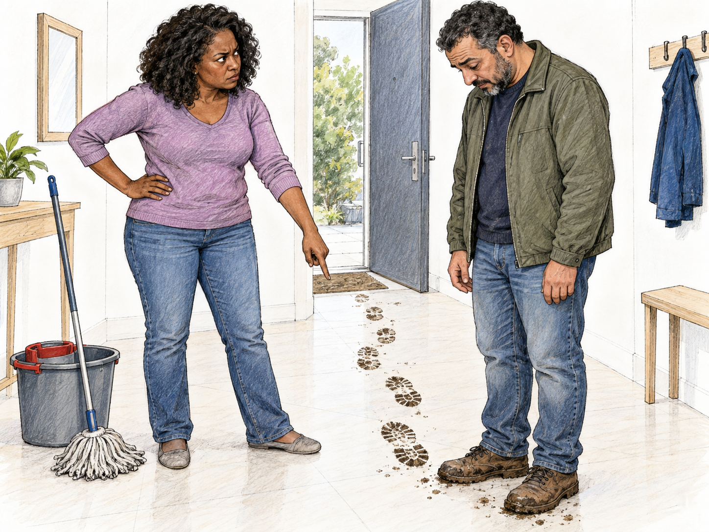 A woman gives a man a pointed look of reproach over the muddy footprints he has tracked across a clean floor.
