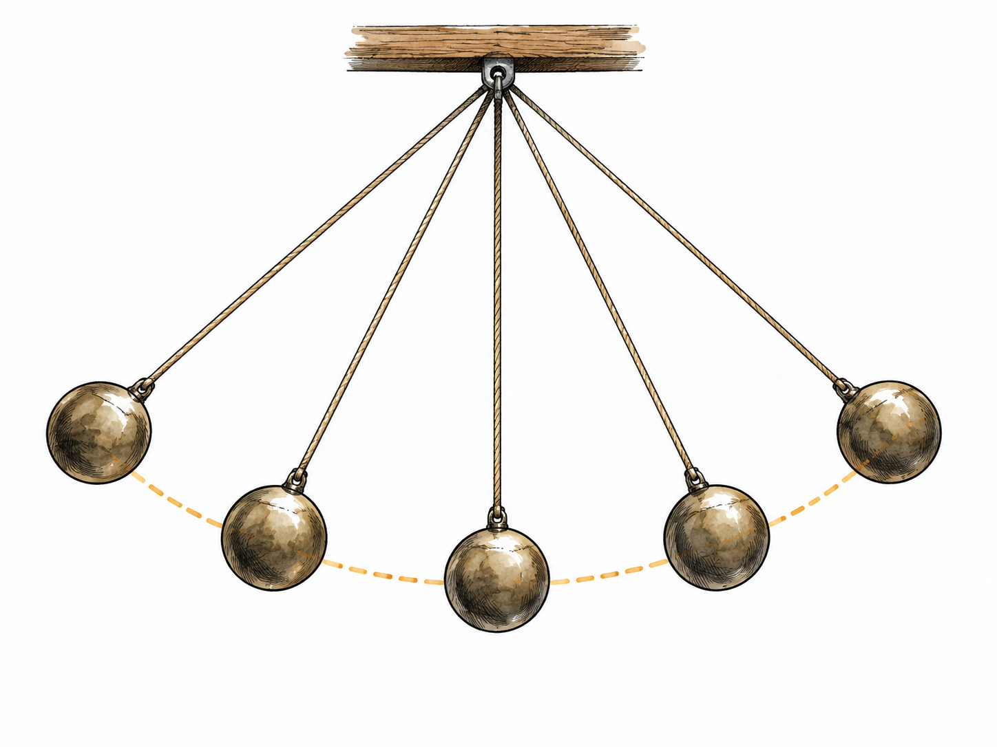 A row of evenly spaced repeated pendulum positions along a timeline, regularly recurring motion, no text.