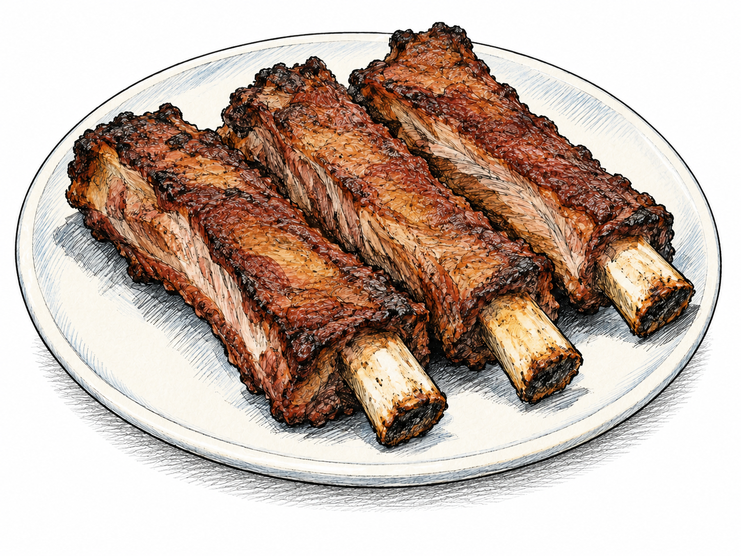 Three cooked pork spareribs with recognizable parallel rib bones sit on a plain small plate; edible cooked meat, simplified clearly drawn pen hatching on sauce/meat rather than food photography, no garnish or table setting.