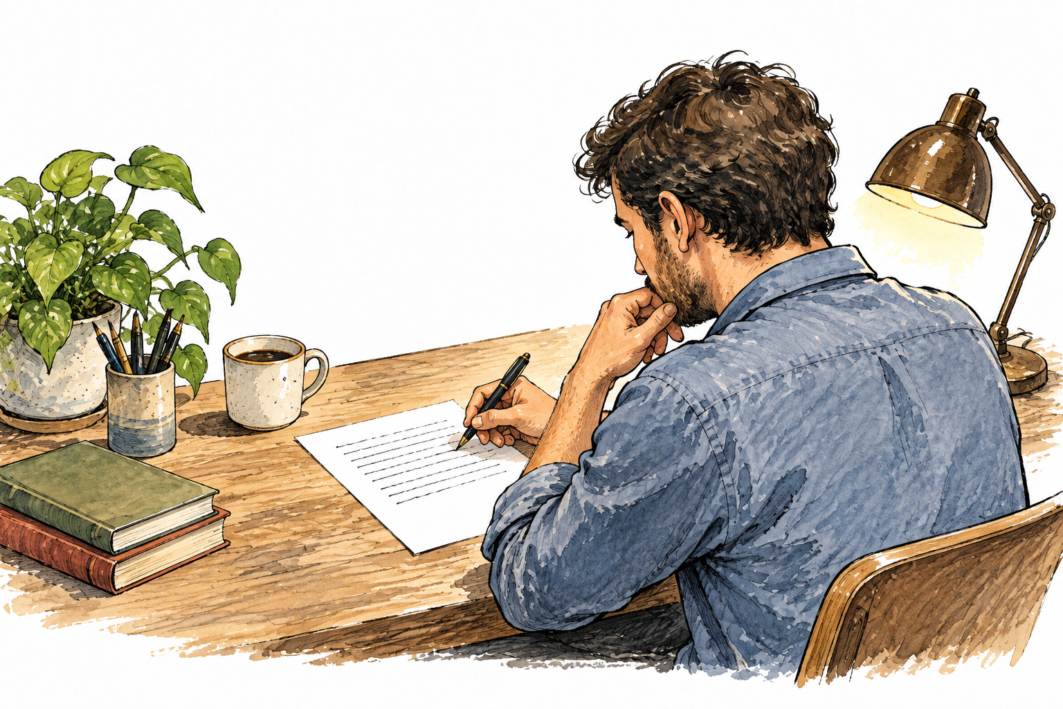 Adult writer composes a short focused essay at desk on one sheet with abstract paragraph strokes; no readable words.