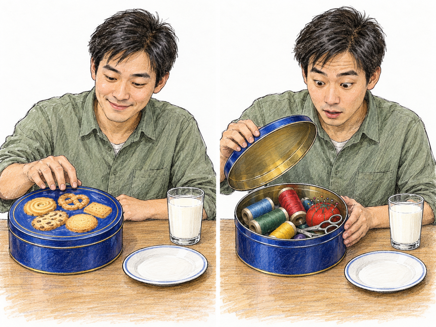 A man confidently prepares to eat cookies from a closed cookie tin, then discovers sewing supplies inside: he has taken the pictured contents for granted without checking.