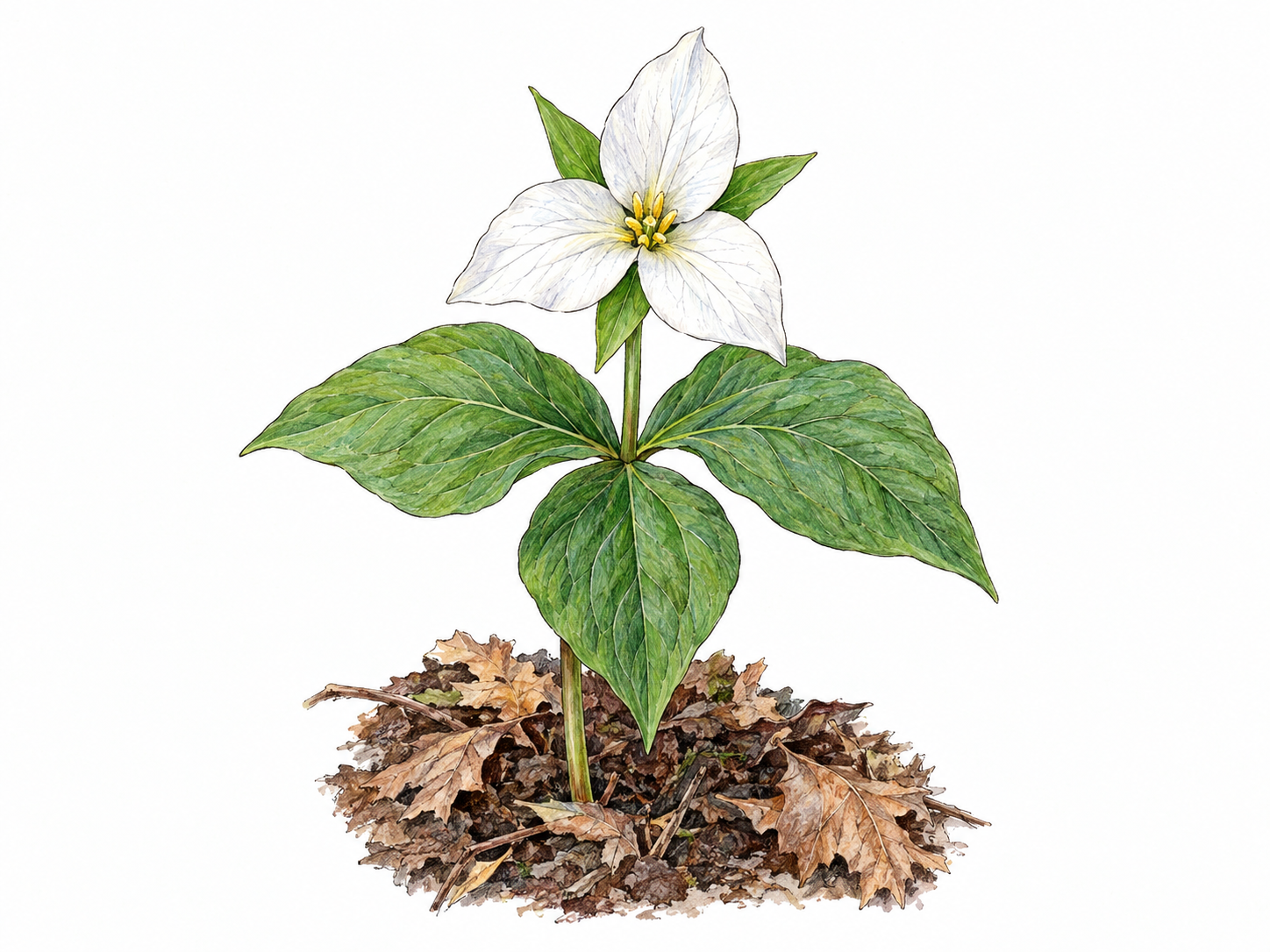 A single flowering trillium on a small patch of woodland floor, with its three broad leaves and three white petals clearly separated and countable.
