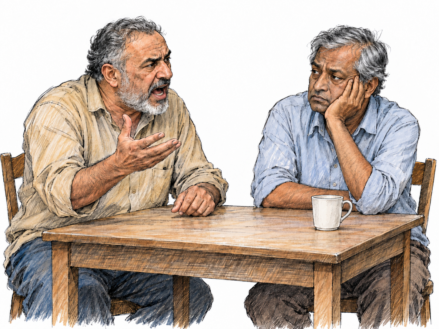 An older man delivers a prolonged angry tirade across a small table, leaning forward with his mouth open and one hand emphatically raised.