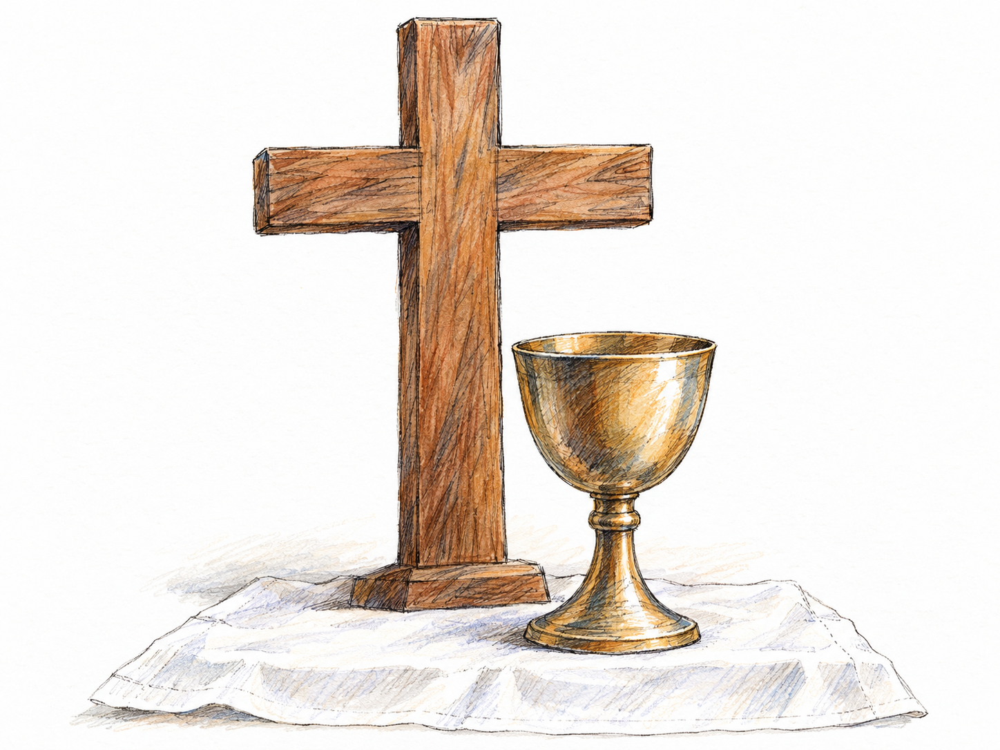A plain Christian cross standing behind a communion chalice on a small white altar cloth, depicting objects connected with God and sacred worship.