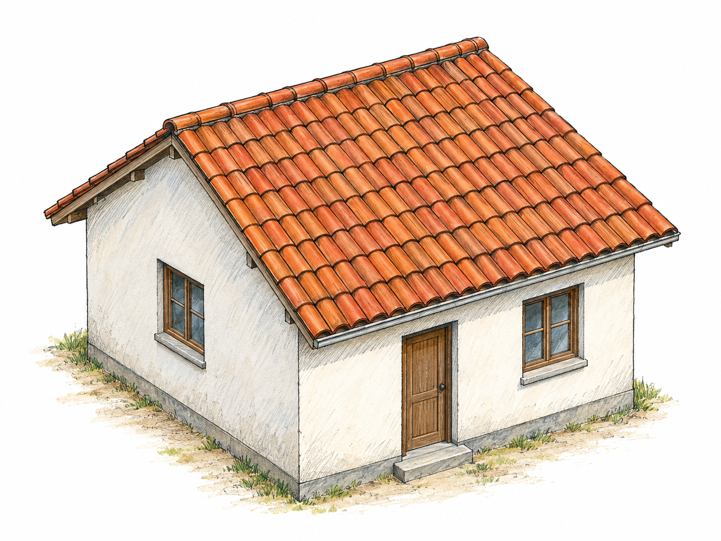 A simple house viewed slightly from above, with its pitched tiled roof prominently covering the walls and projecting beyond them at the eaves.
