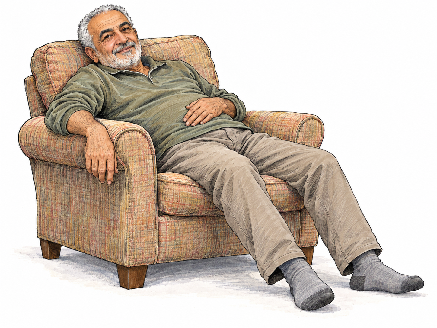 An older man lolls sideways in a cushioned armchair, his body loosely sprawled, one arm dangling over the side and his legs stretched out comfortably.