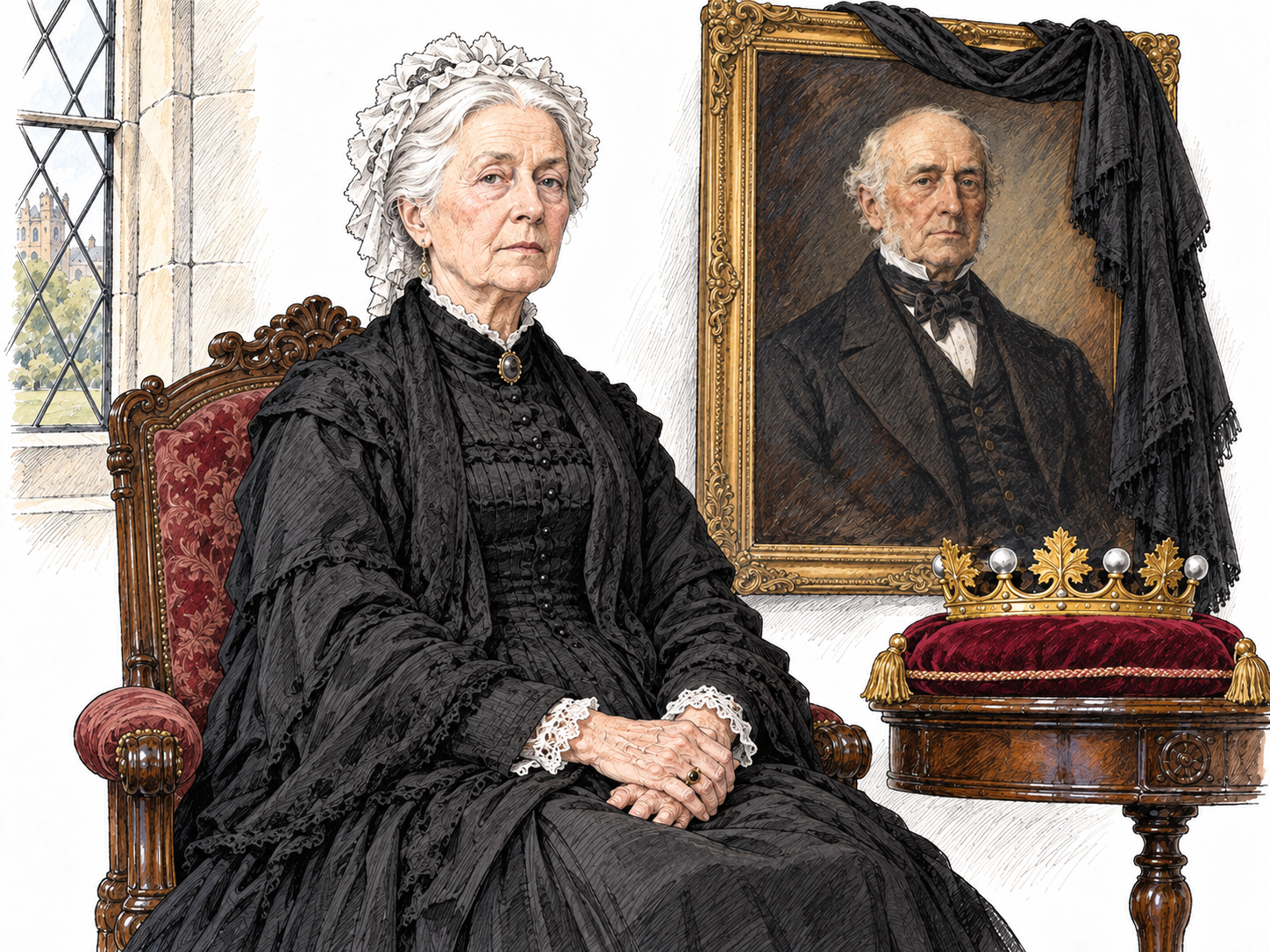 An elderly titled widow in a restrained late-Victorian estate setting.