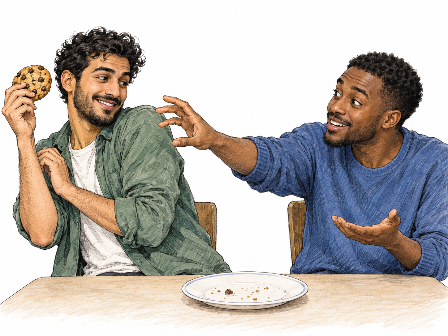 One friend playfully tantalizes another with the last cookie, displaying it just beyond his reaching hand while grinning.