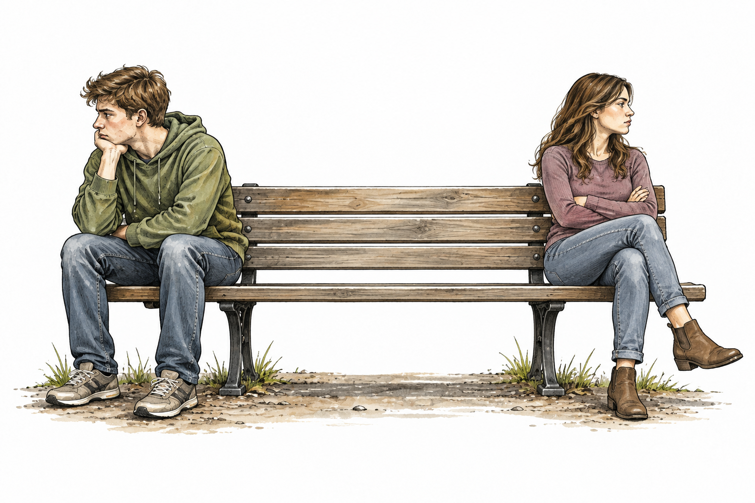 Two former friends sit at far opposite ends of a bench, turned away and emotionally distant.