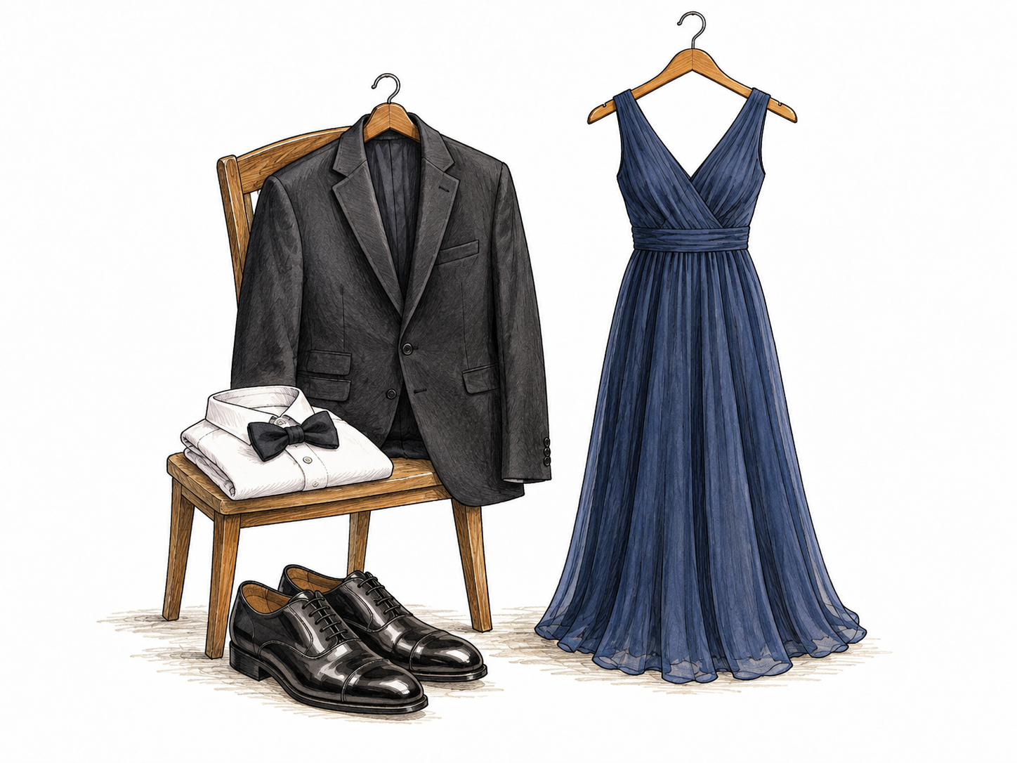 An adult prepares formal attire for a concert: plain suit jacket and polished shoes laid neatly beside a simple dress on a hanger.