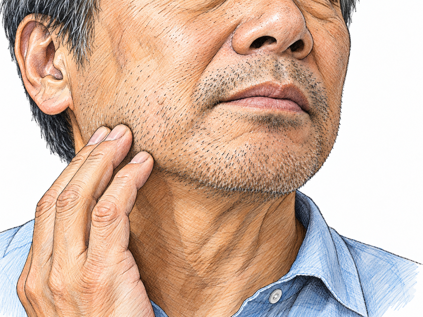 Close-up of an older man's chin, jaw and upper lip covered with very short, coarse beard regrowth; his fingertips brush the bristly jaw.