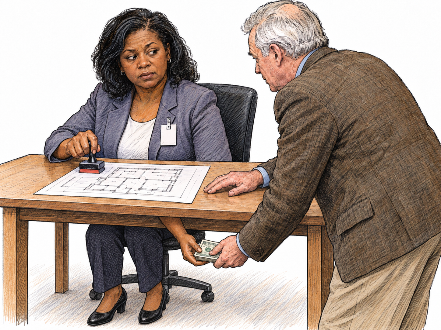 A municipal official secretly accepts cash beneath her desk while stamping the payer’s building-plan application above it, making private gain from official authority visible.