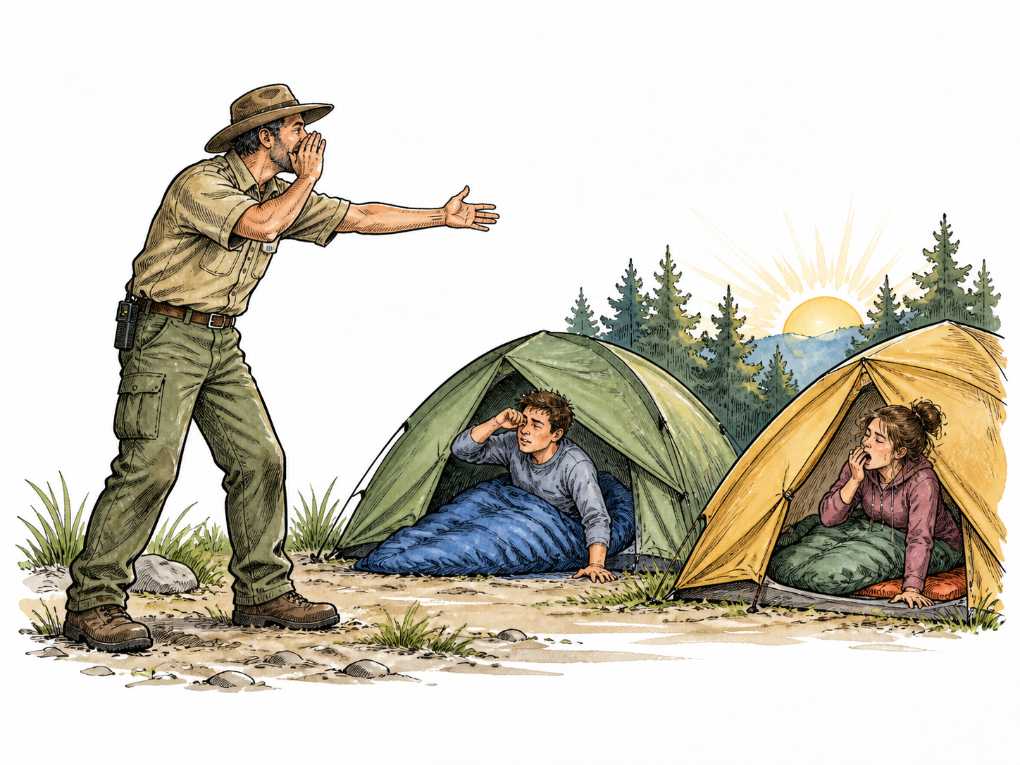 A campsite caretaker calls sleepers out of their tents at dawn with a firm gesture, no force or humiliation.