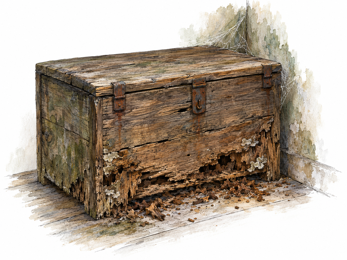 An abandoned wooden storage chest slowly rots in a damp corner: its lower boards soften and crumble, pale fungal growth spreads through the grain, and decayed wood fragments collect beneath undisturbed cobwebs.