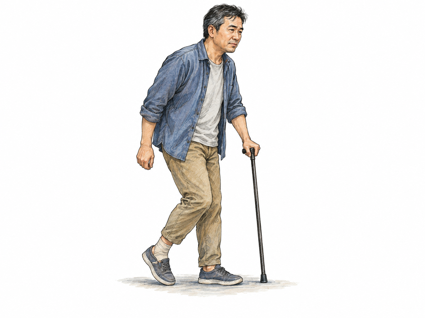 A man walking with a visibly uneven gait, supporting his weight on a cane and his sound leg while taking a shortened step with a lightly bandaged ankle.