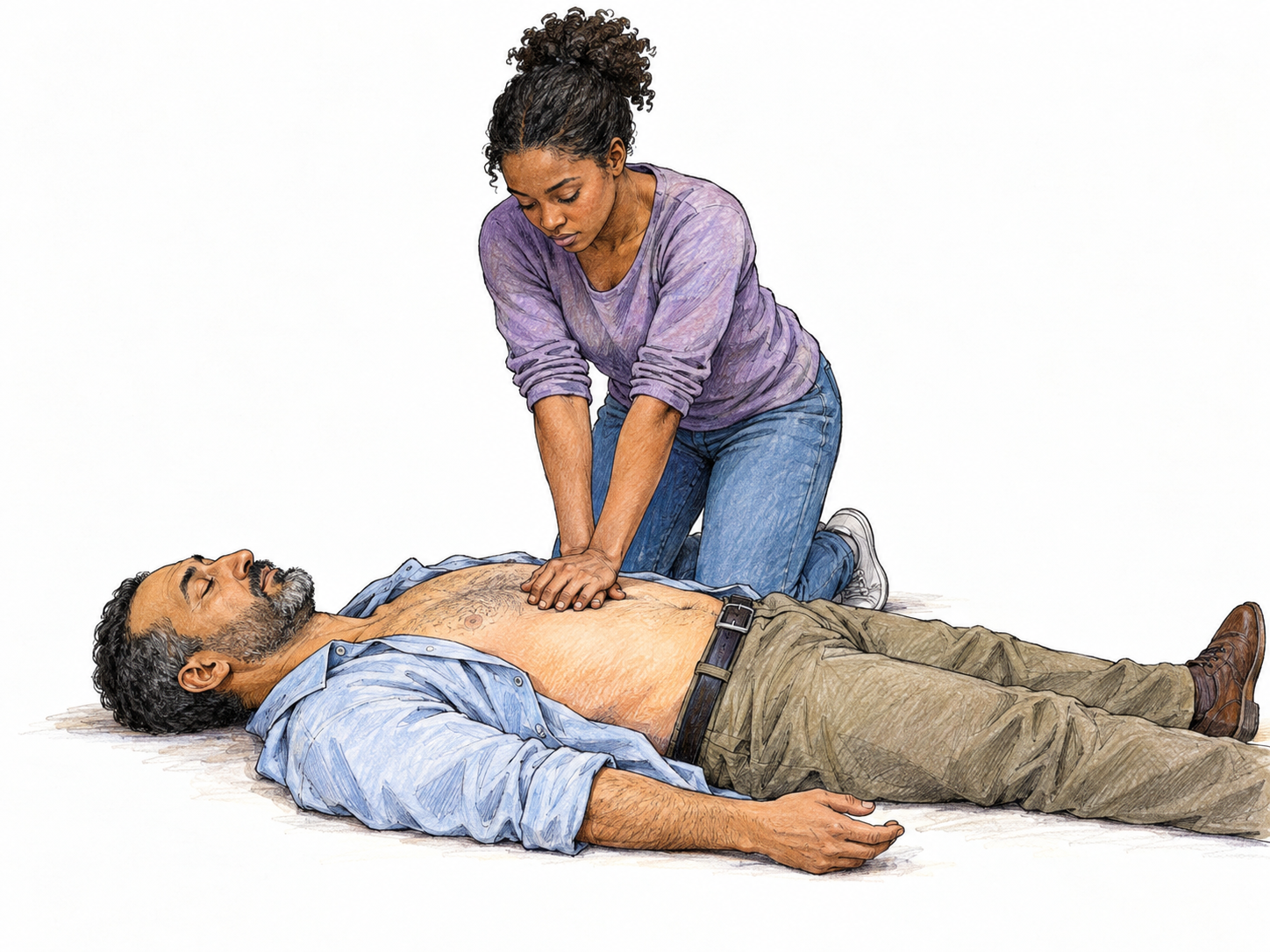 A rescuer performs chest compressions on an unconscious man lying on a firm floor, making the attempt to revive him immediately clear.