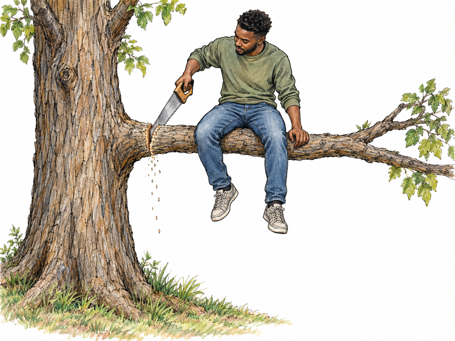 A man perched on a low tree branch saws through that same branch between his seat and the trunk, visibly undermining his own support.