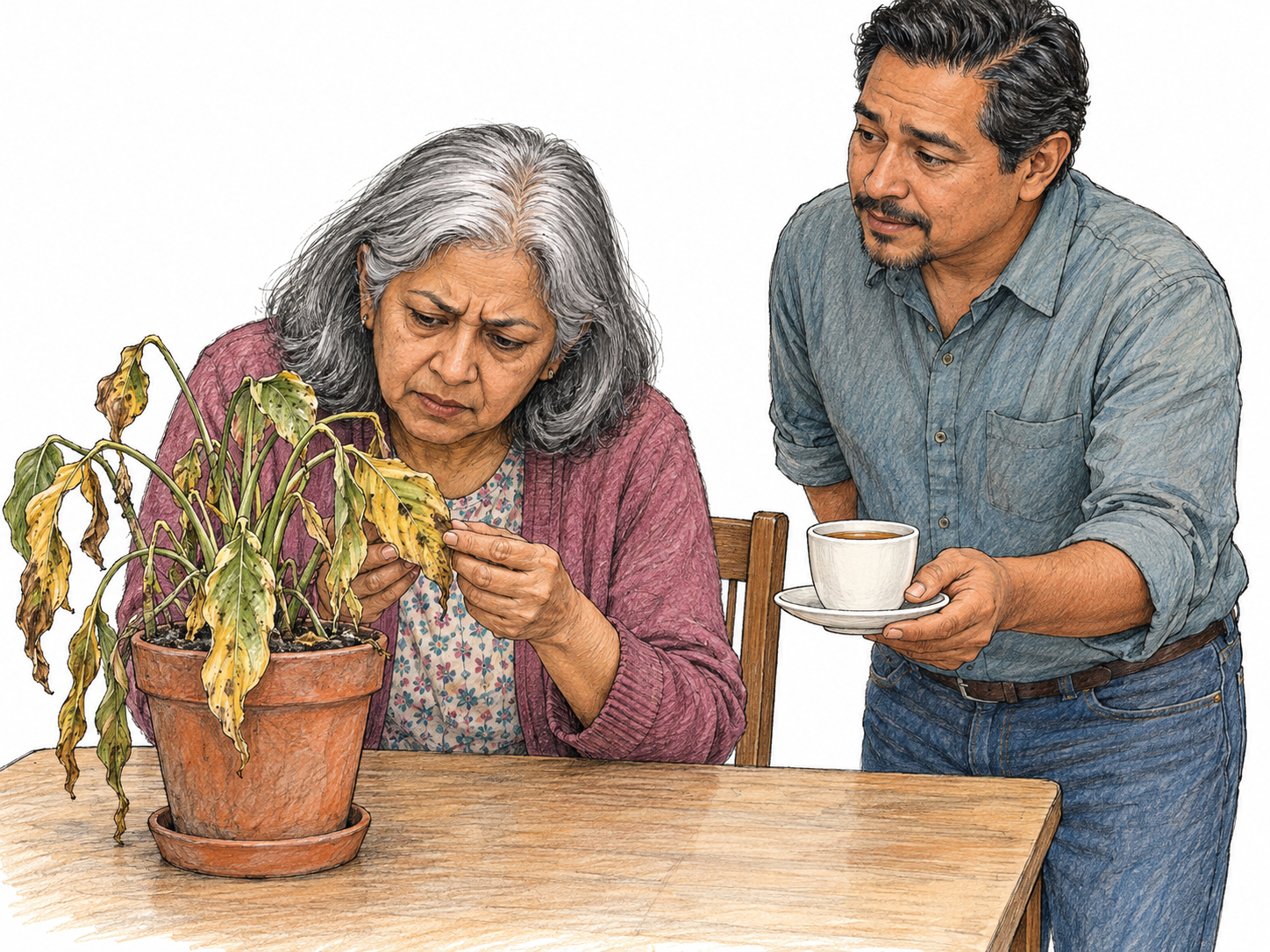An older woman is completely absorbed in examining a sickly potted plant, overlooking a man offering her tea beside her.