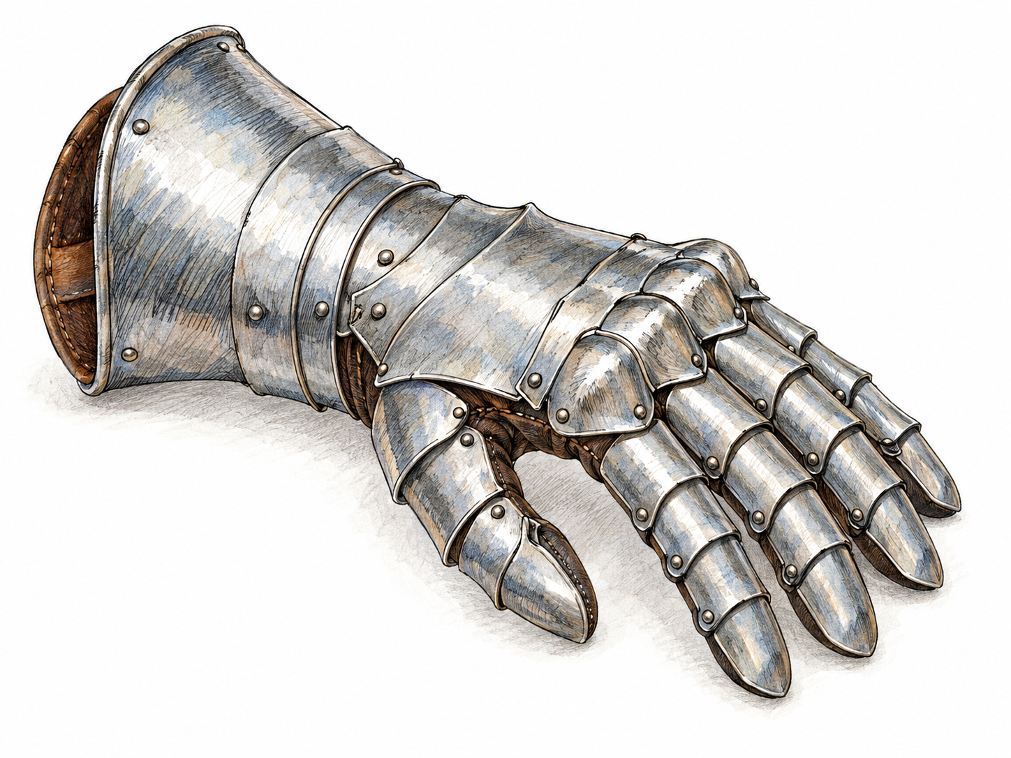 A single articulated steel gauntlet with overlapping finger plates and a broad protective wrist cuff, displayed at a three-quarter angle so its glove construction is unmistakable.