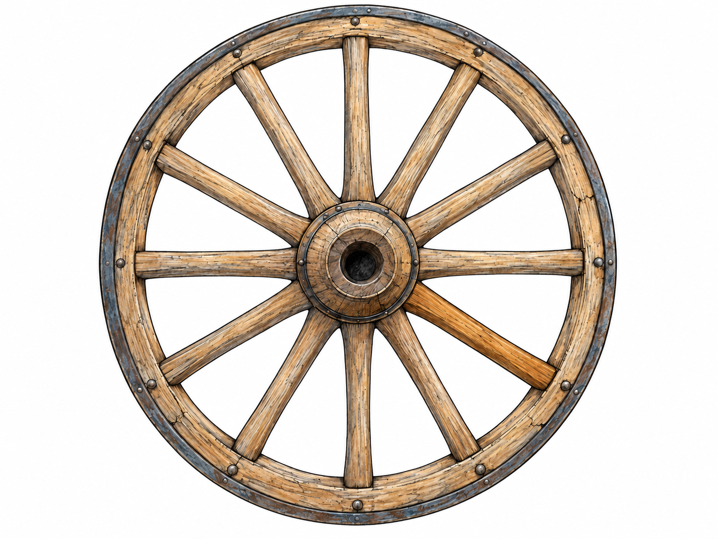 An isolated wooden wagon wheel viewed almost straight on, with clearly separated wooden rods radiating from its central hub to its outer rim.