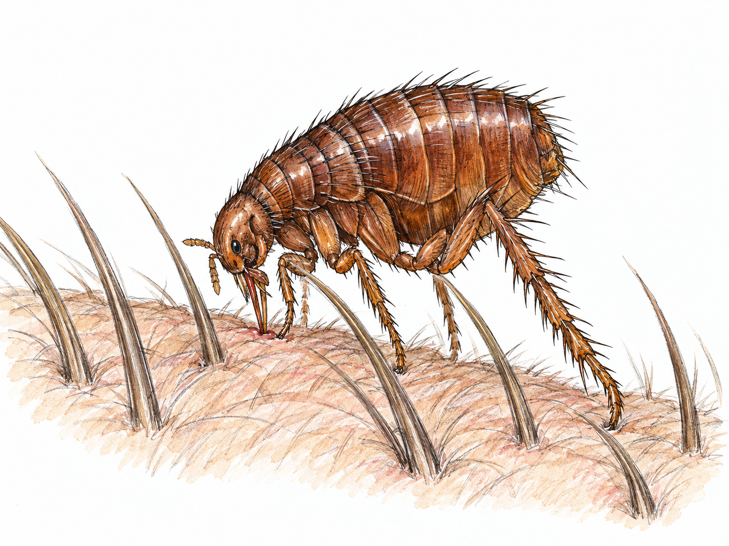 An enlarged side view of a reddish-brown flea feeding on a small patch of furry animal skin, showing its wingless, laterally compressed body and powerful hind legs.