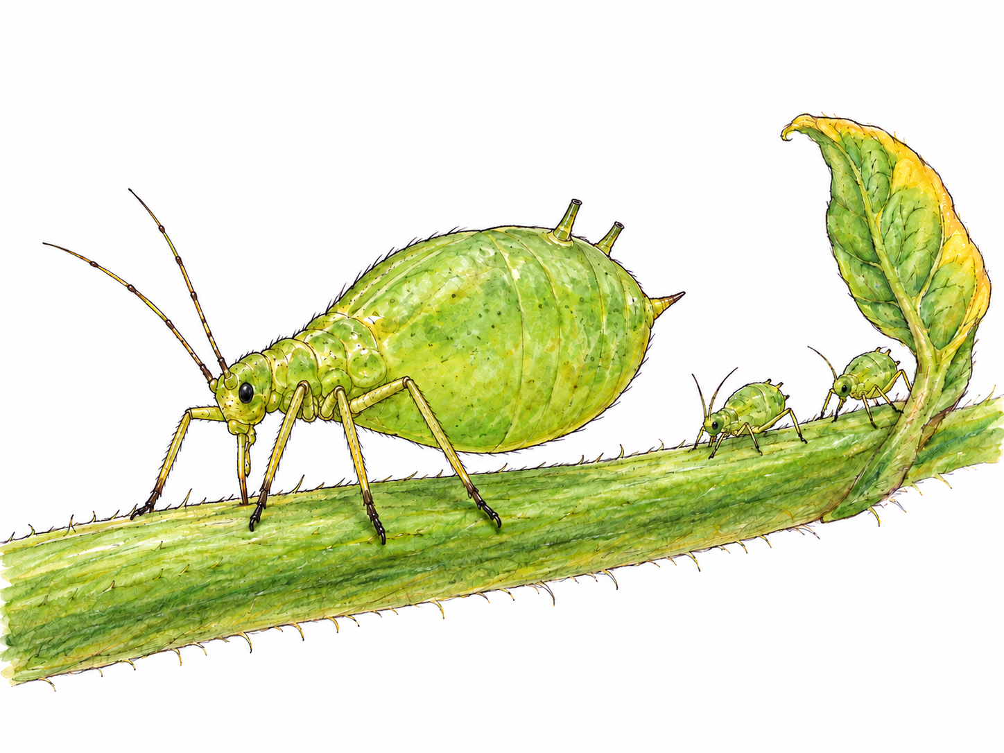 A close side view of a wingless green aphid feeding on a tender bean stem, with two smaller aphids near a curled young leaf.