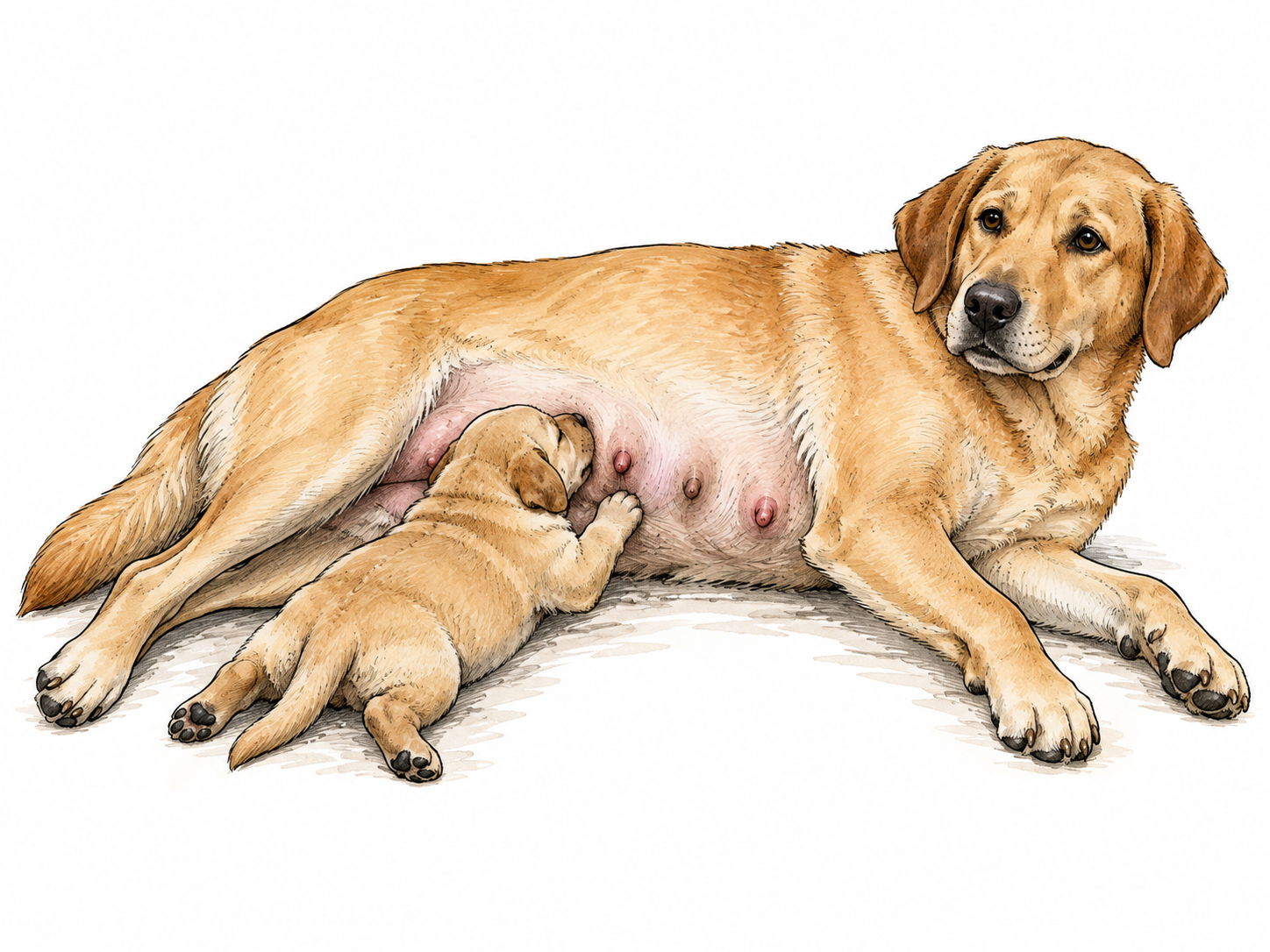 A calm mother dog lying on her side, with one puppy nursing and remaining mammary teats visibly aligned naturally along her abdomen.