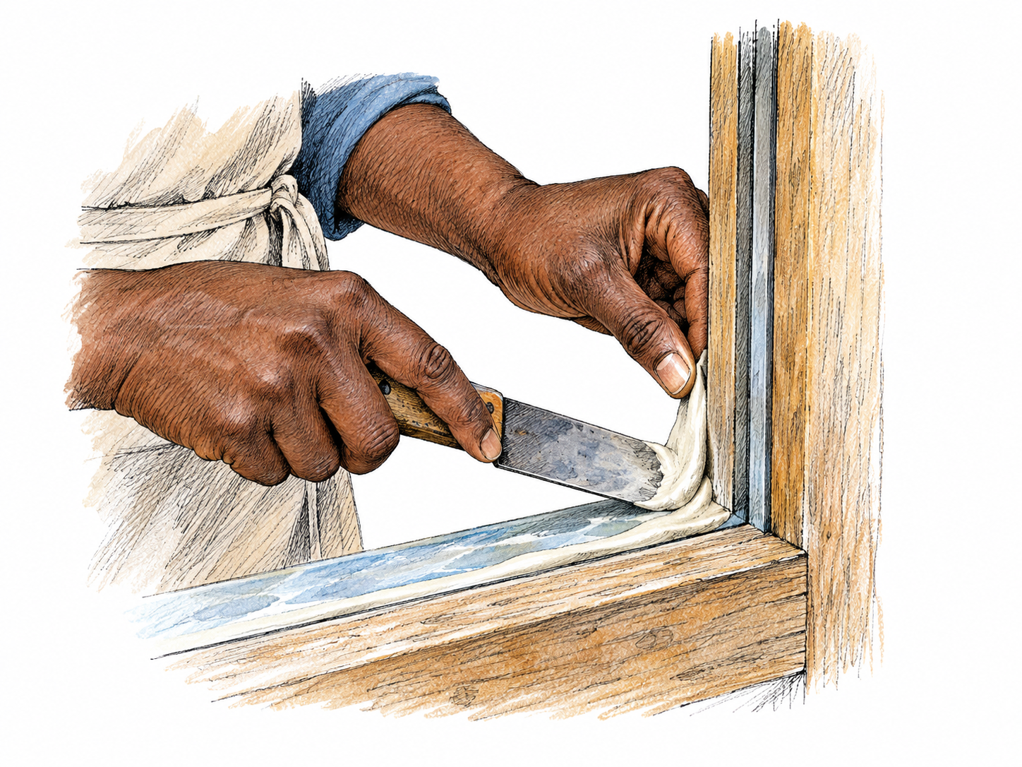Glazier presses a small strip of soft putty into the rebate around a windowpane with putty knife; frame corner only, paste seal visible, no room backdrop.