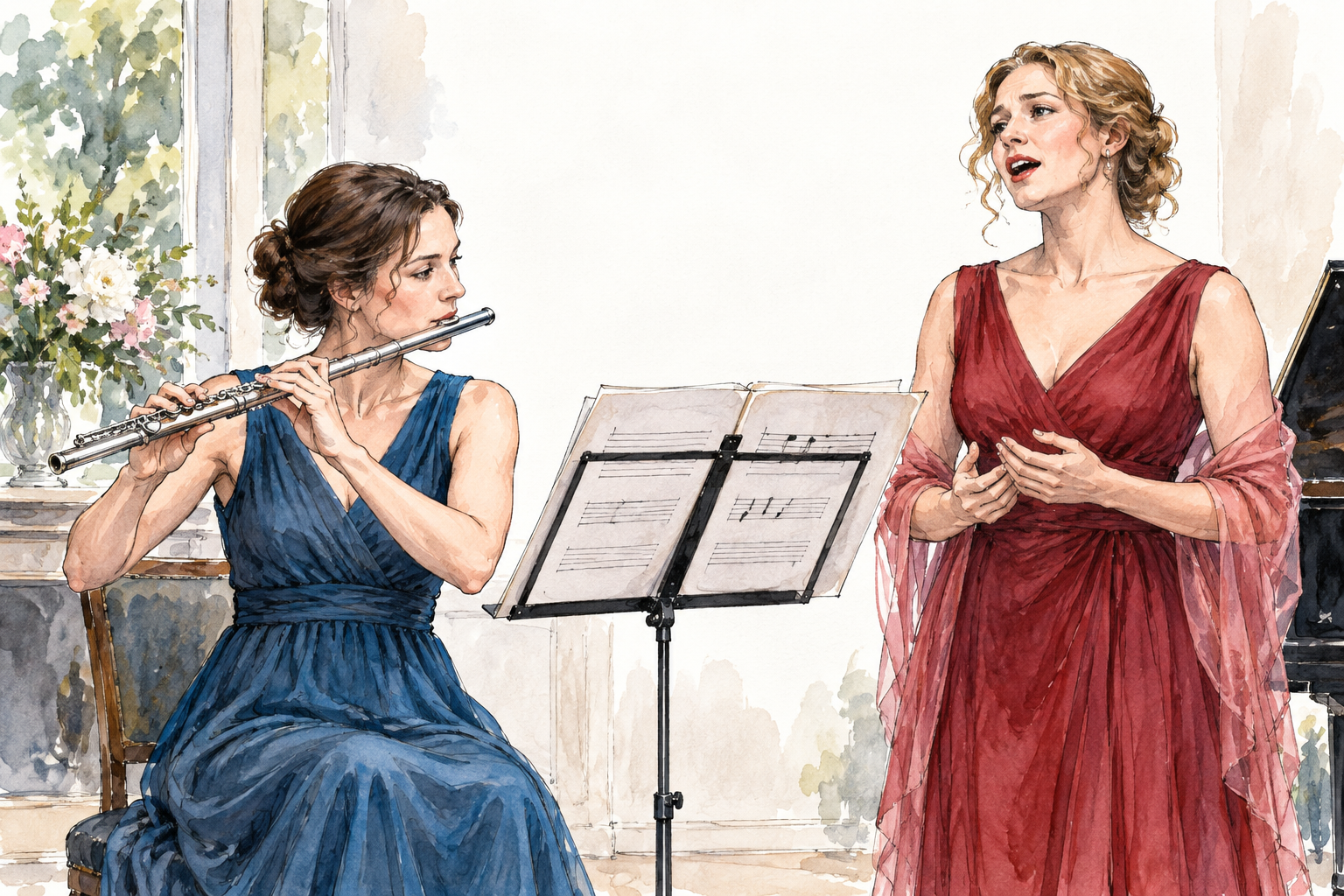 A flutist plays an essential accompanying part alongside a singer in chamber performance, both attentively coordinated, only minimal musical notes on score, no prose.