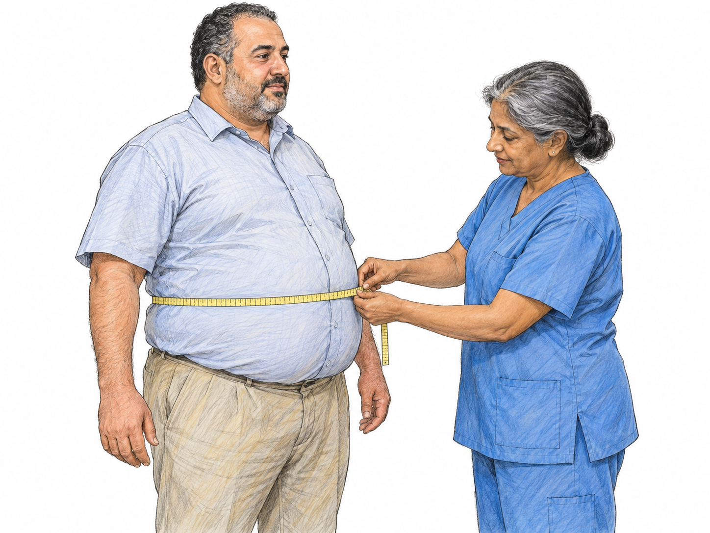 A respectful, simple clinical scene: a middle-aged man with a visibly large body stands comfortably while an older woman clinician measures his waist over a plain lightweight shirt.
