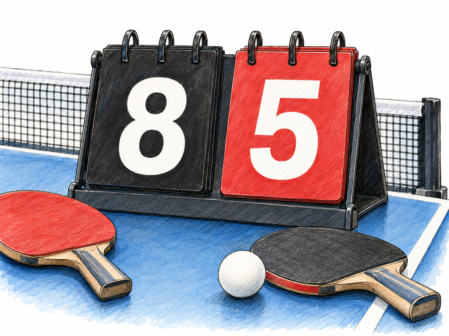 A tabletop game scoreboard prominently displays 8 and 5 beside a table-tennis net and paddles, making the recorded points—not the equipment—the focal subject.