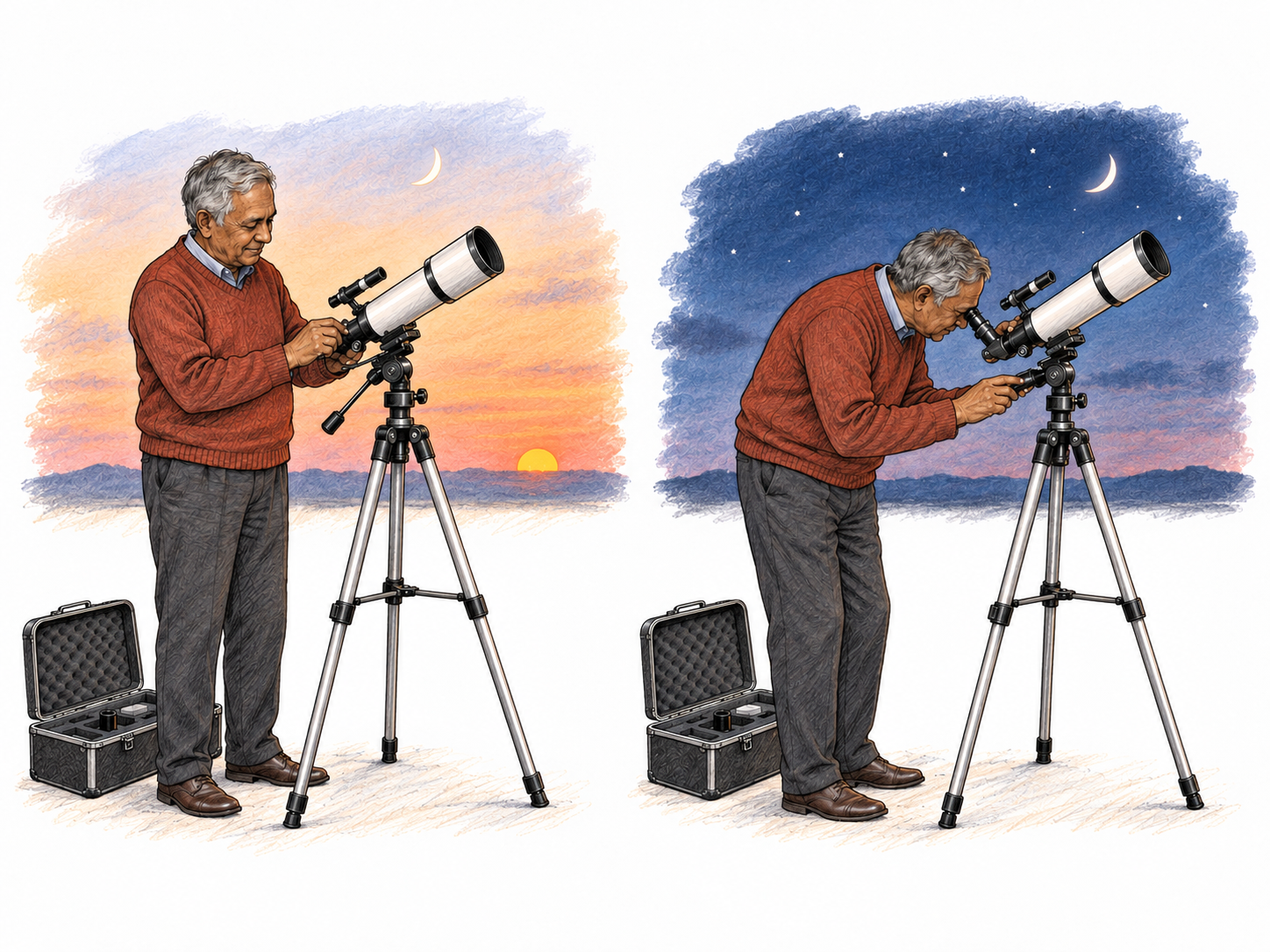 An immediate dusk-to-night sequence: a man sets up his telescope as the sun disappears, then uses it under the newly dark sky.