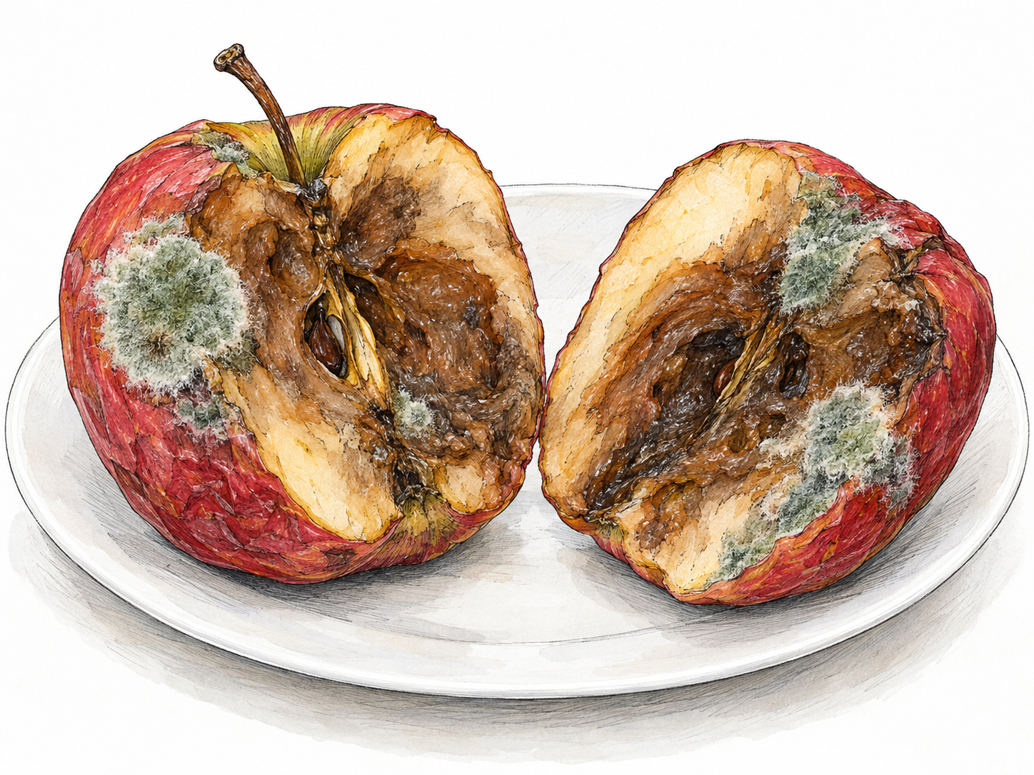 A cut apple visibly spoiled throughout: collapsed brown flesh, dark rot and fuzzy mold make its poor quality and harmful condition immediately apparent.