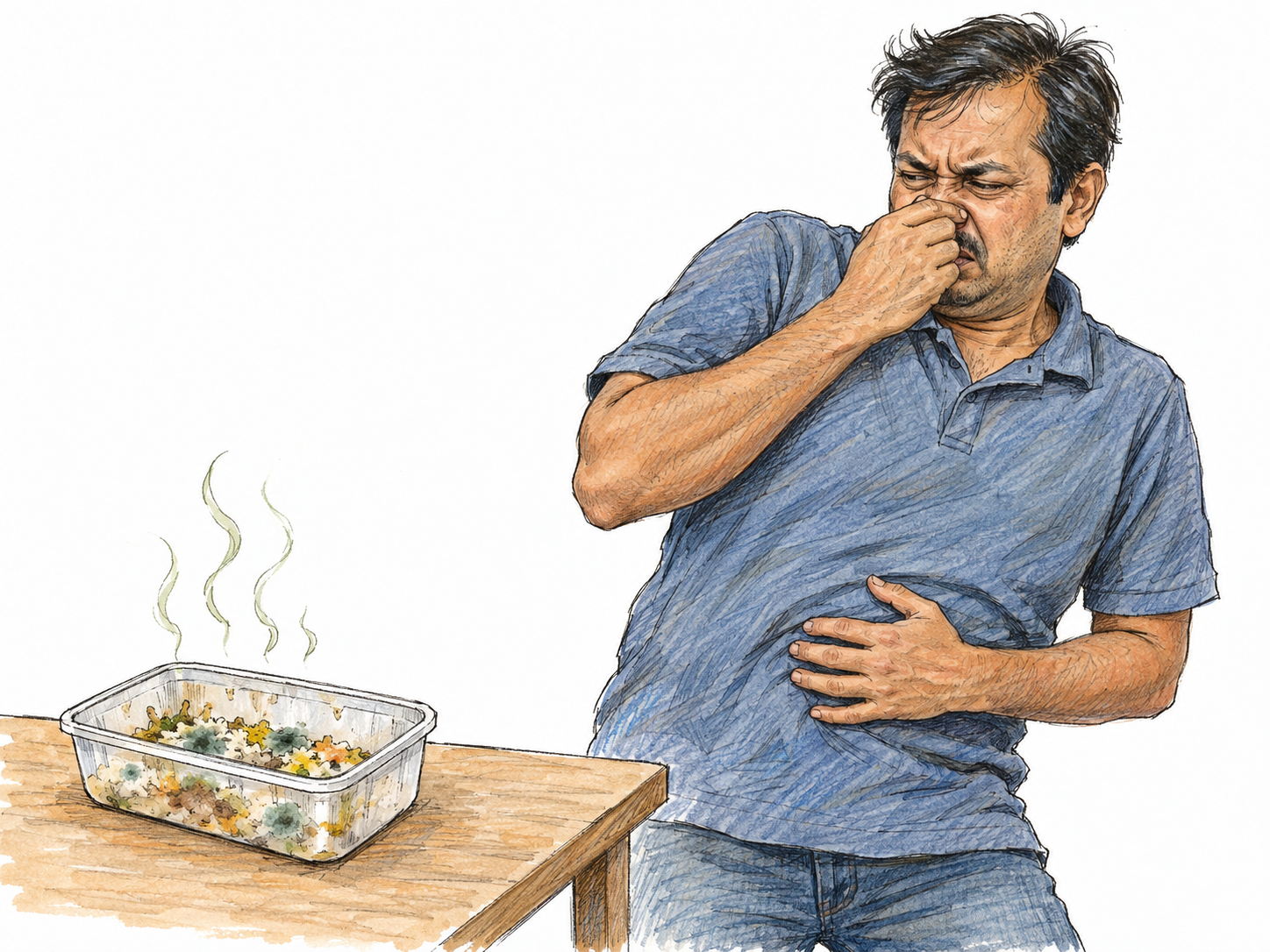 A man recoils from a container of spoiled food, covering his nose with one hand and pressing the other against his stomach; the spoiled food visibly causes his nausea and disgust.