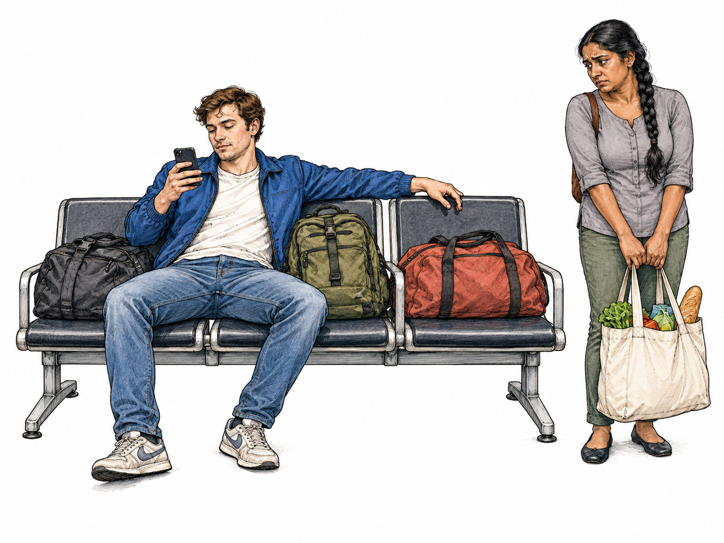Man sprawls bags across three waiting seats while tired woman with heavy shopping bag stands needing a seat; oblivious phone focus contrasts her discomfort, no station backdrop or lettering.