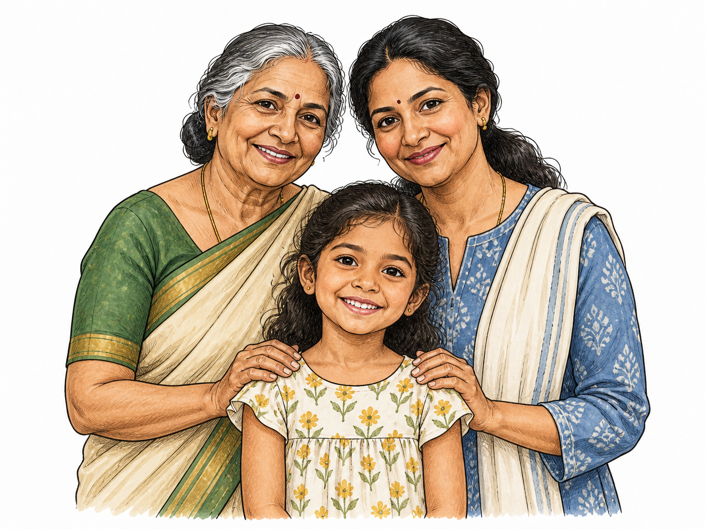Three generations of the same family stand together, grandparent, adult parent and child with naturally shared features; youngest foreground with older relatives behind, showing descent without diagram labels.