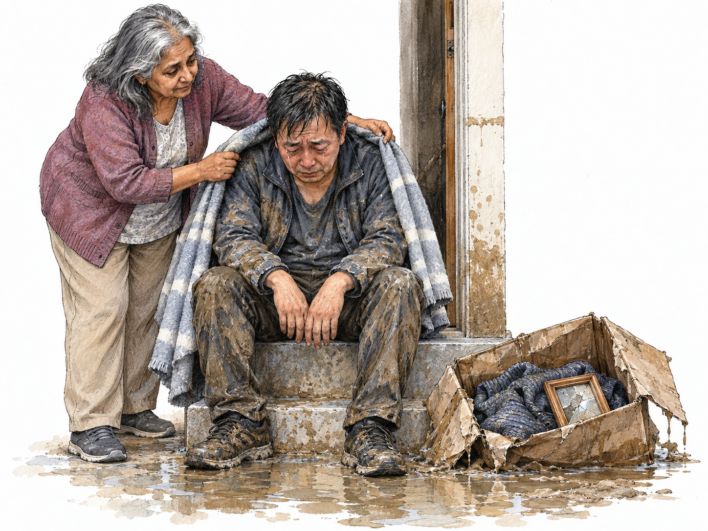 An exhausted flood survivor sits hunched on a doorstep beside a few ruined belongings, while a neighbor gently wraps a dry blanket around his shoulders.