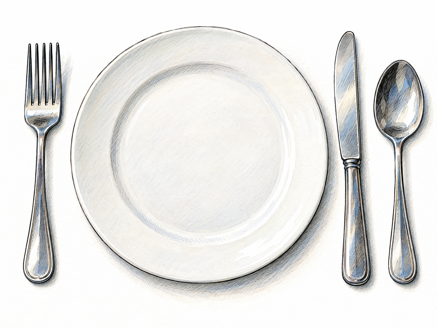 A clear tabletop arrangement of a dinner knife, four-tined fork, and spoon beside a plain plate, showing eating utensils collectively.
