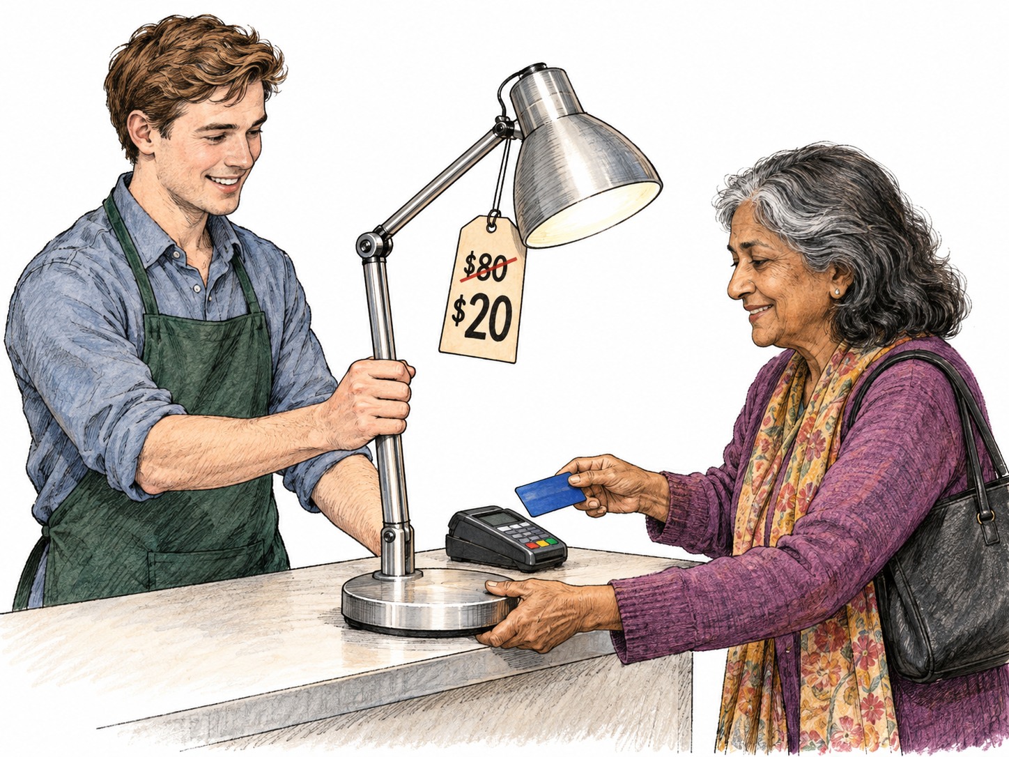 At a checkout, a customer receives a pristine desk lamp while paying its reduced price.