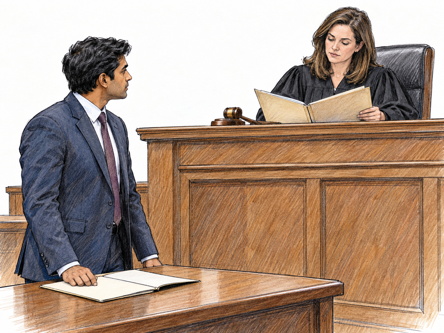 A judge in a black judicial robe reviews a case folder at a raised courtroom bench while a lawyer stands at the counsel table facing her.