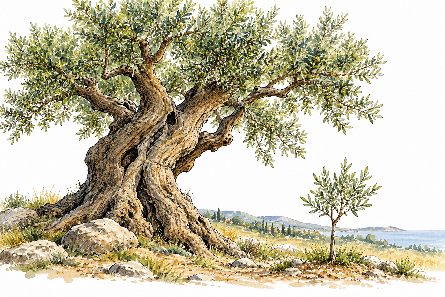 Very old olive tree with thick gnarled trunk still bearing healthy leaves beside young sapling, enduring long life, no text.
