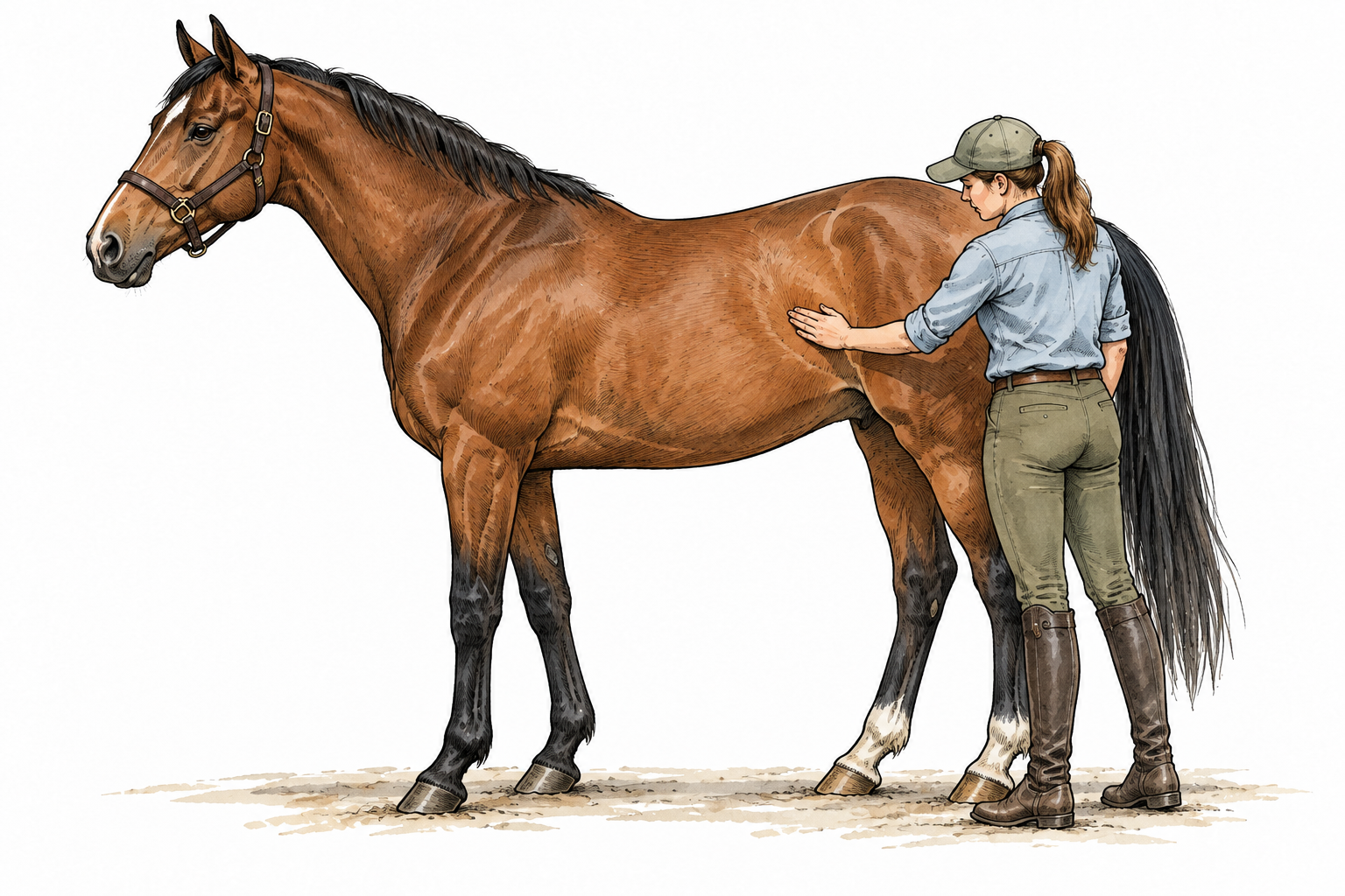Side profile of horse; groom gently rests palm on the broad side between ribs and hip, focal flank, no labels.