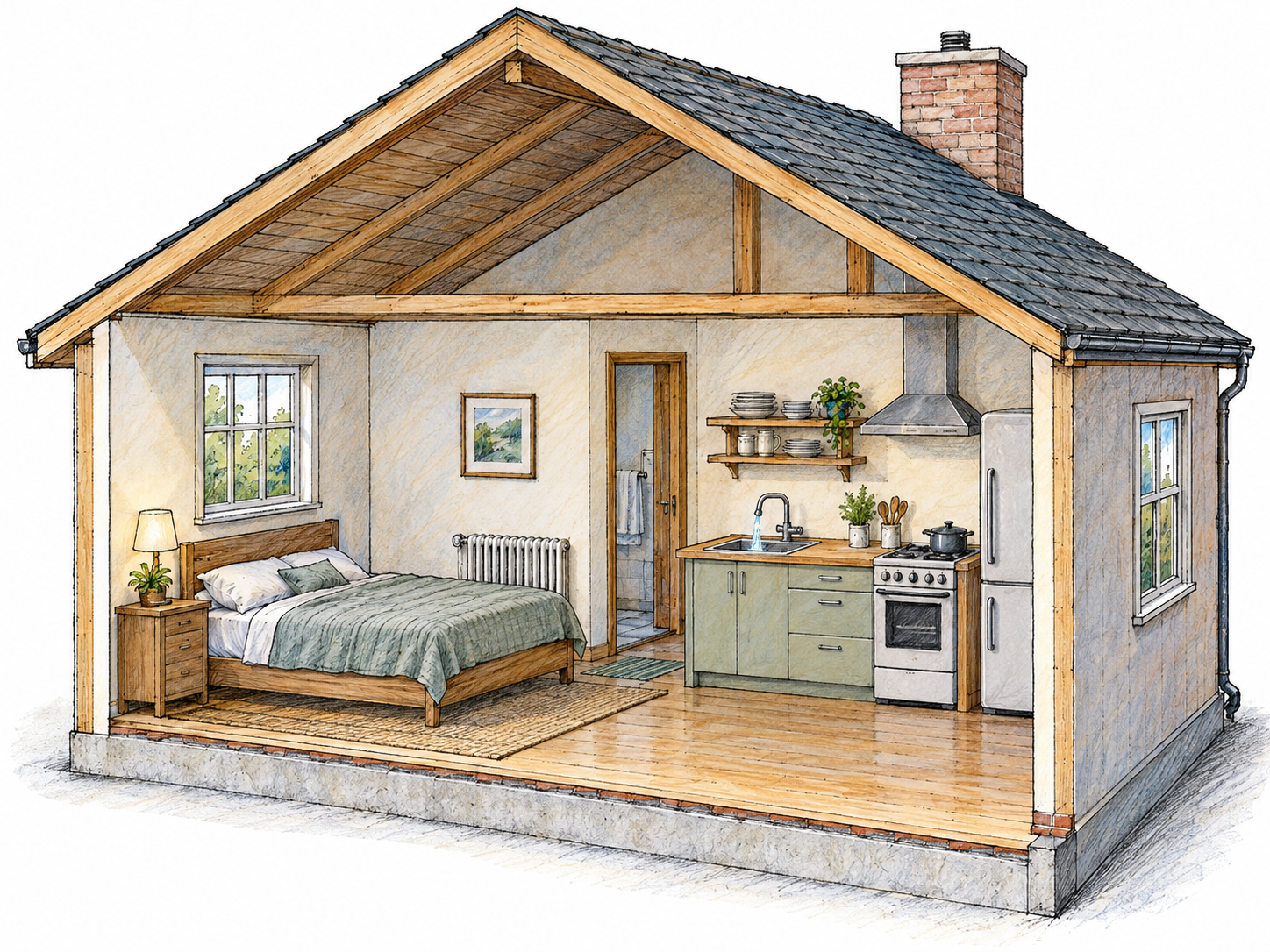 A simple, sound small home shown in an open-front cutaway, with intact weatherproof walls and roof, a dry finished floor, a usable bed, a modest cooking area, and running water.