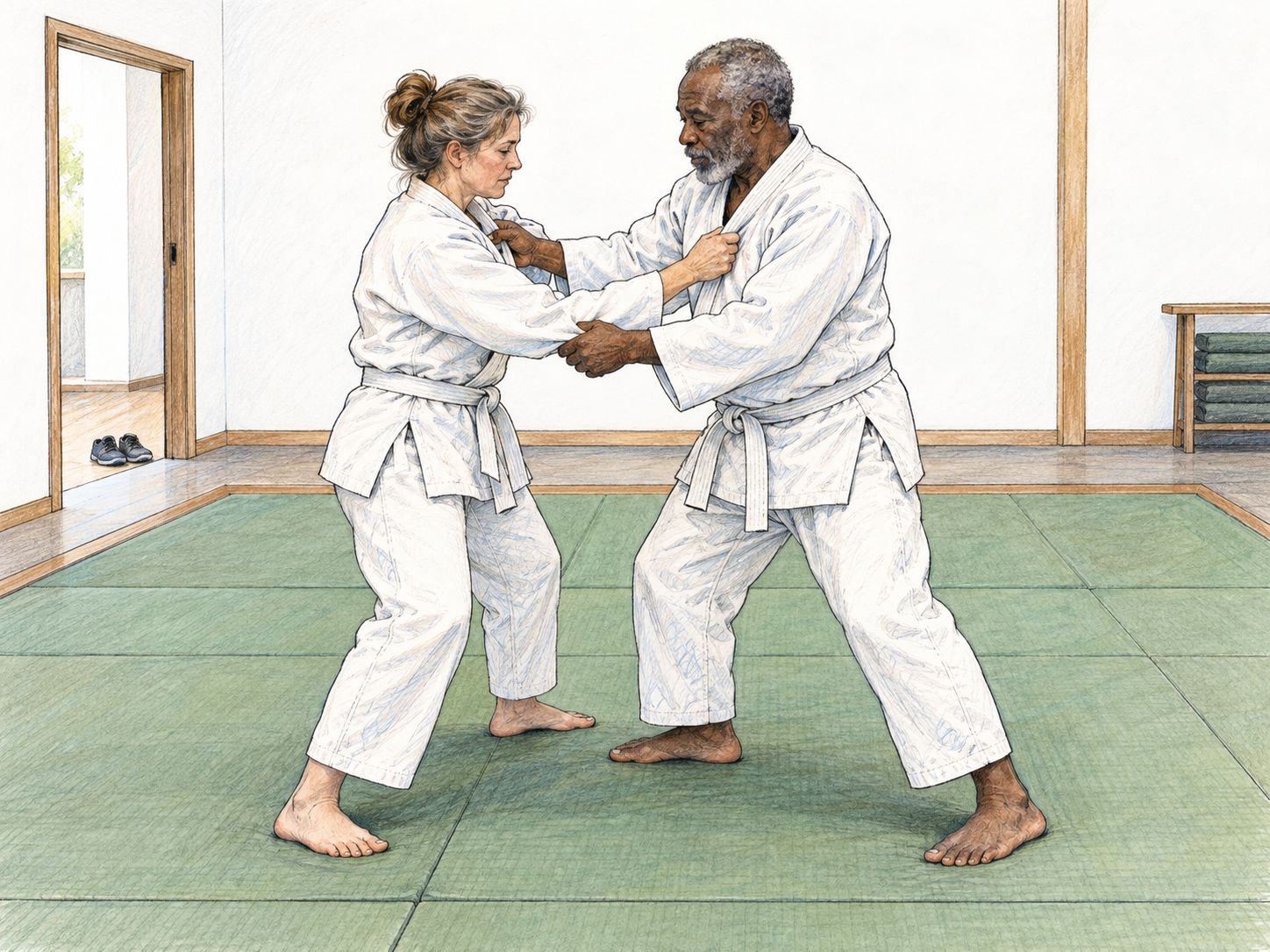 A small martial-arts practice hall with a clearly bounded padded floor, where two barefoot adults in judogi rehearse a controlled standing grip.