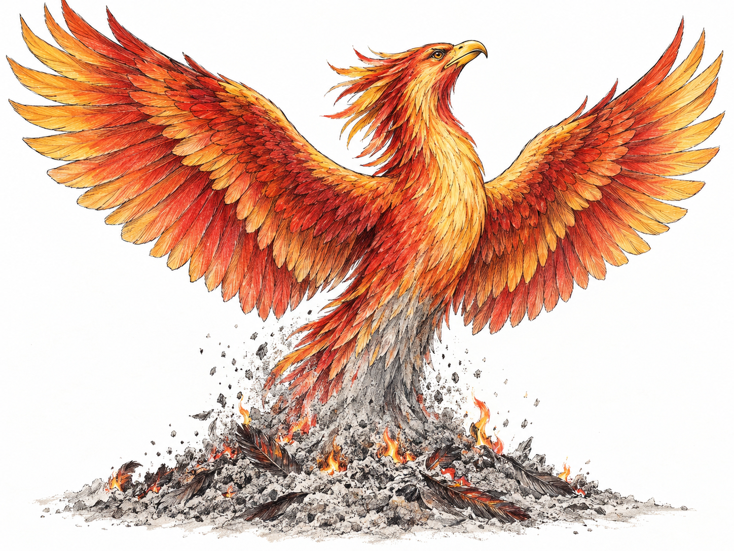 A magnificent mythical bird rises directly from a mound of its own ashes, its lower body still forming from ash and embers while its fully renewed head and wings spread above.