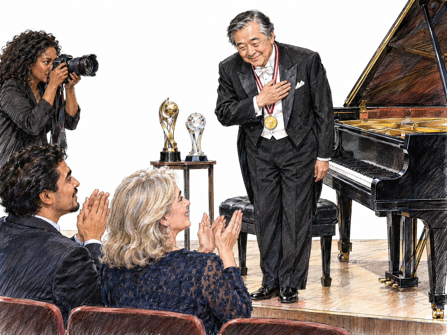 An eminent older concert pianist receives a standing ovation beside a grand piano.
