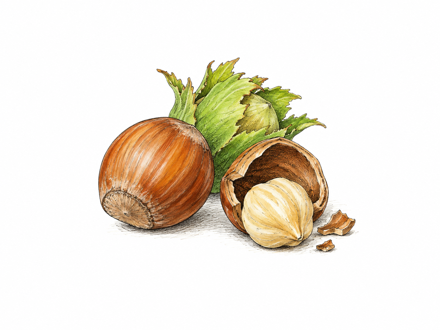 A close isolated pair of round brown hazelnuts, one whole shell and one broken open with pale edible kernel beside it, small green husk behind.