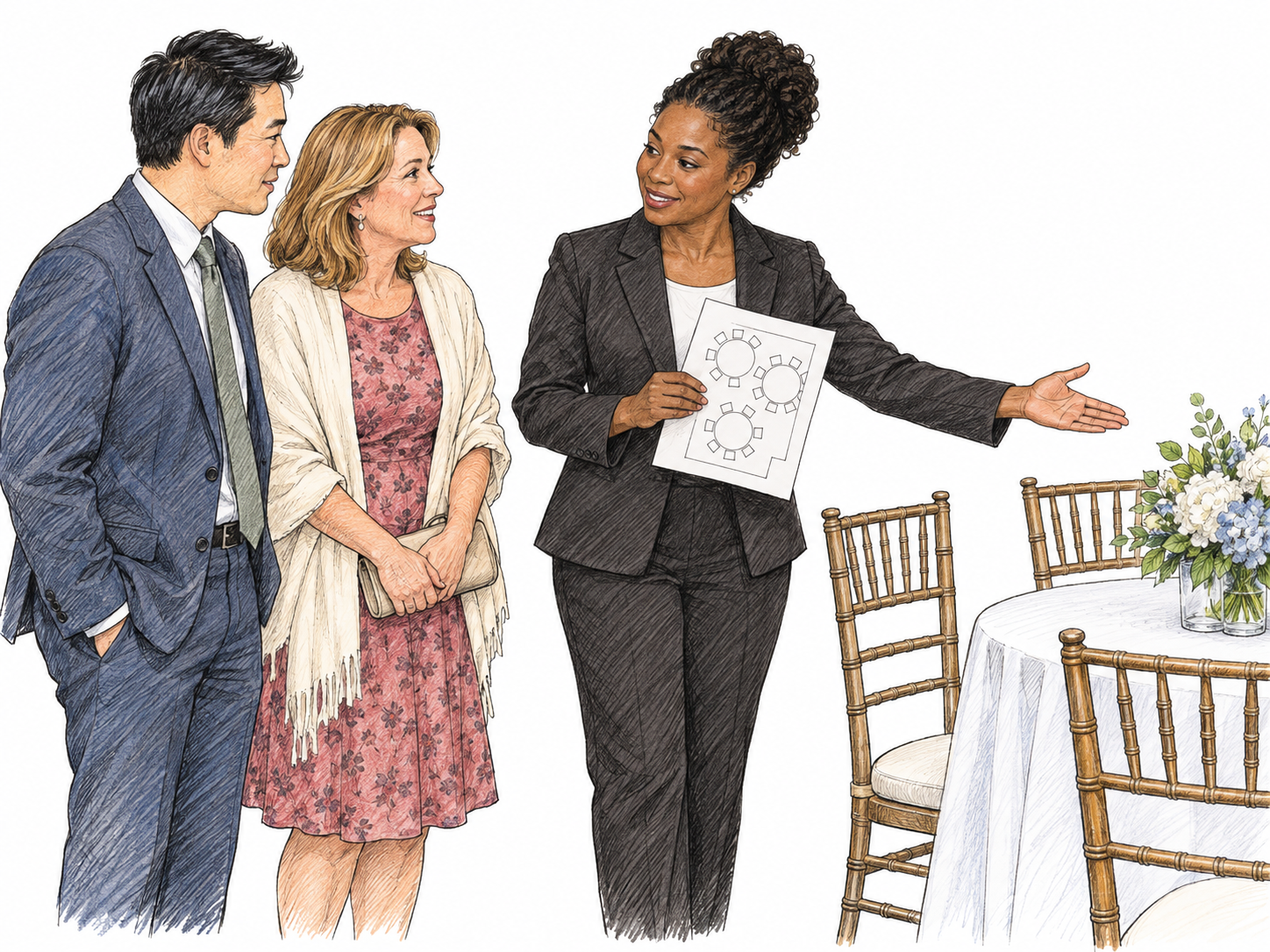 An event coordinator calmly manages a minor seating mix-up, guiding two guests toward available chairs with clear open gestures while holding a plain seating sketch without text.